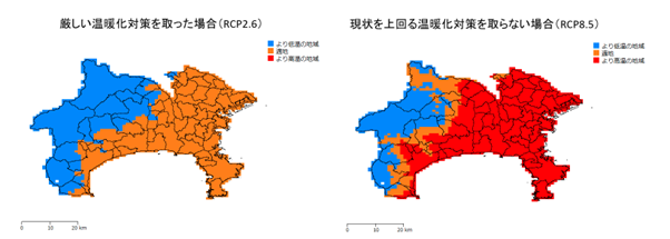 温暖化対策を取らない場合のウンシュウミカンの栽培適地の変化を表した図