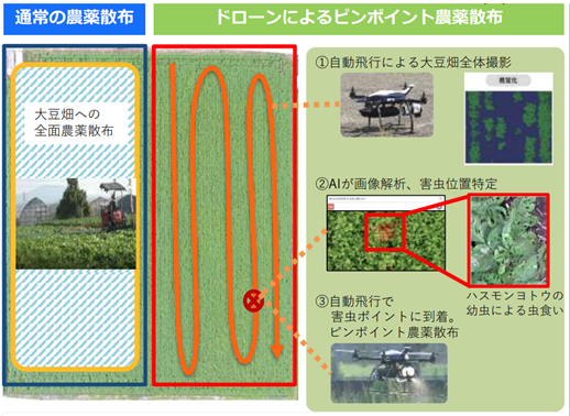 ドローンとAIを活用したピンポイント農薬散布の図