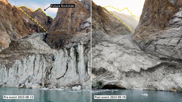 2023年9月16日に発生した土砂崩れの発生現場を、発生前の8月12日 (左) と発生3日後の9月19日 (右) に撮影した写真