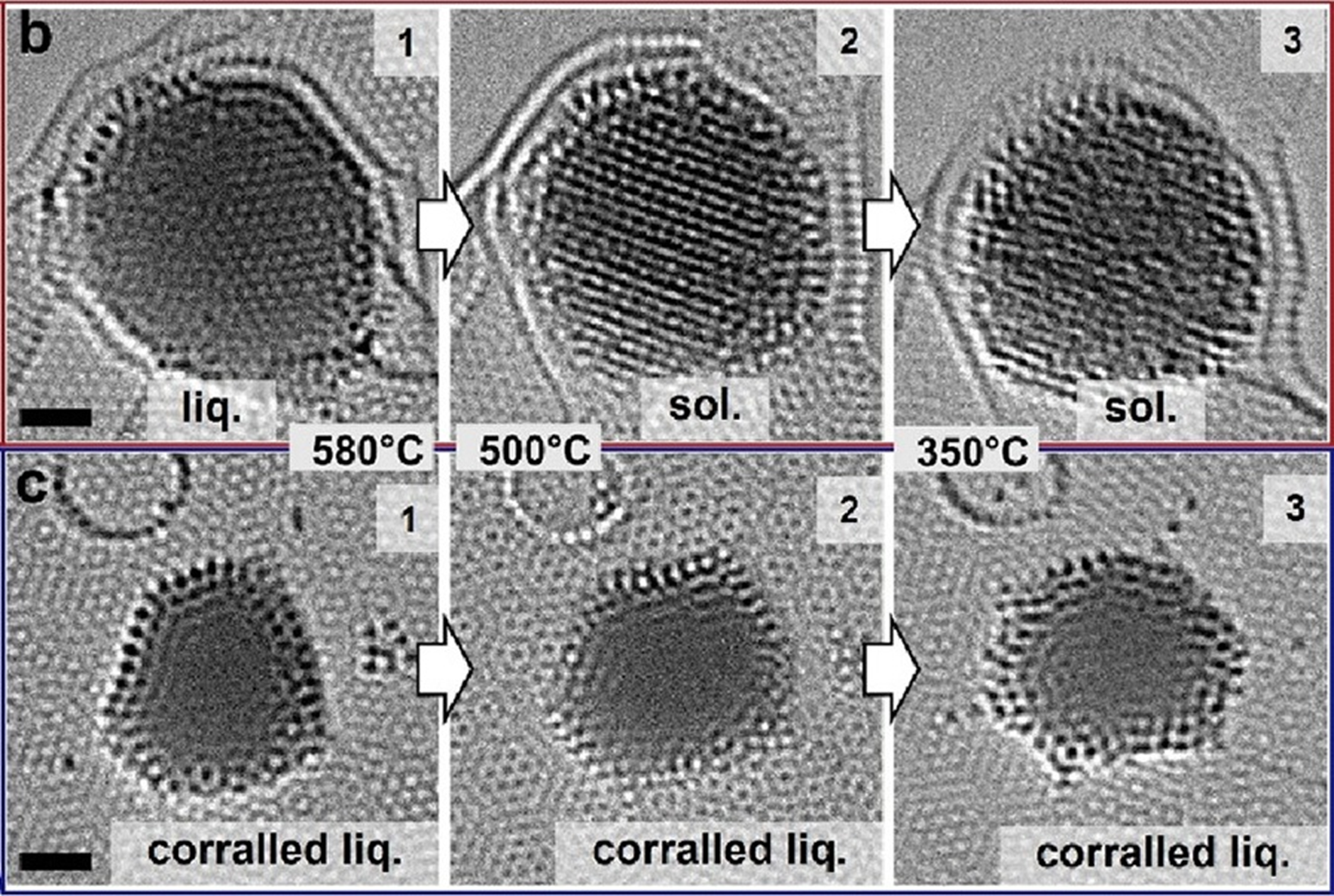 白金ナノ粒子を加熱して融かした後、580℃から350℃まで冷却した様子の電子顕微鏡写真
