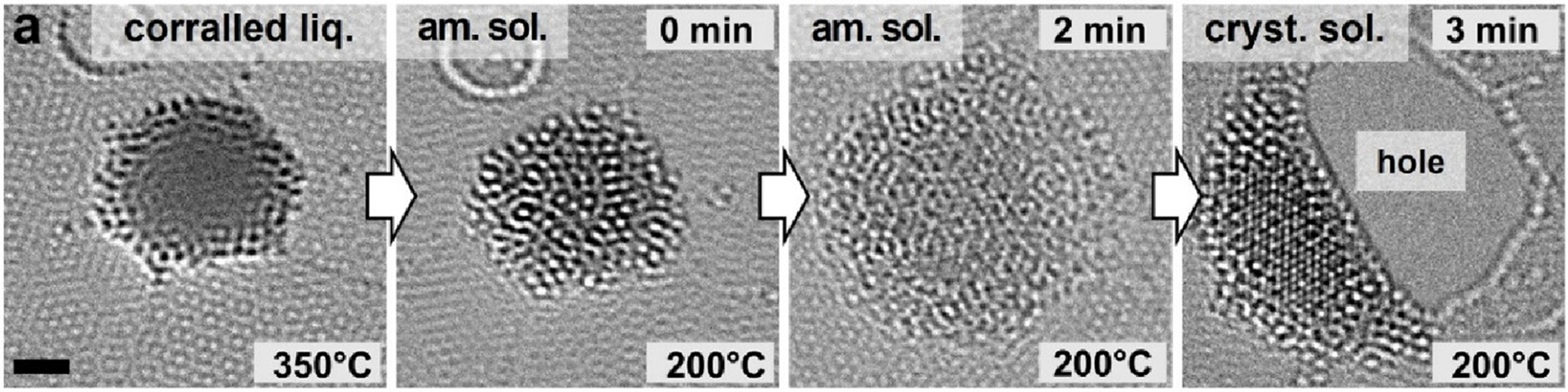 350℃の過冷却液体を含むナノ粒子を、200℃まで冷却した様子の電子顕微鏡写真