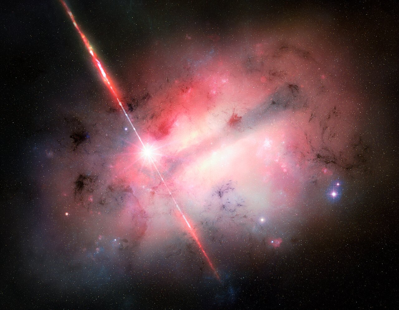宇宙空間に広がるピンク色の星雲と中心から放たれる光